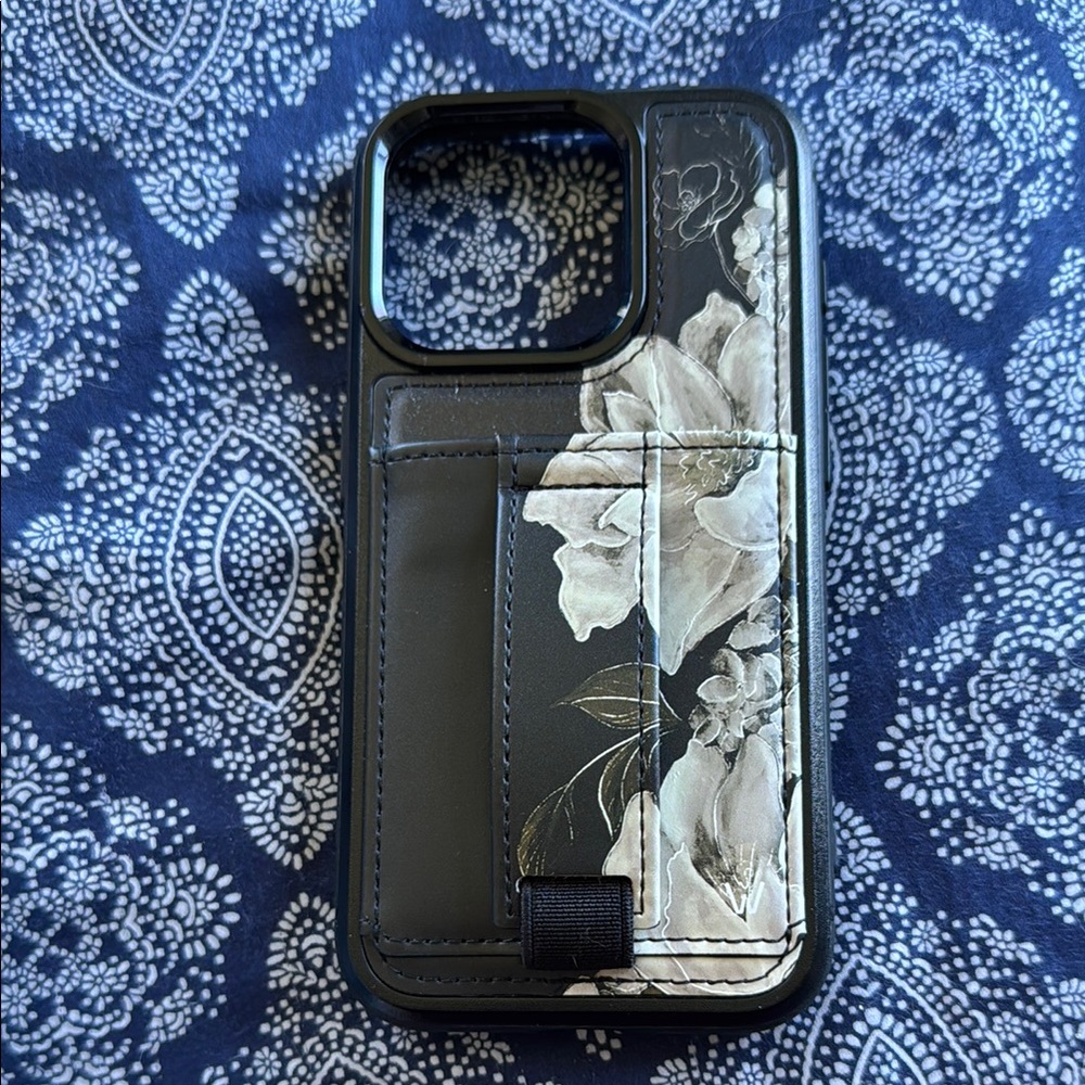 Floral Black Phone Case with Card Holder